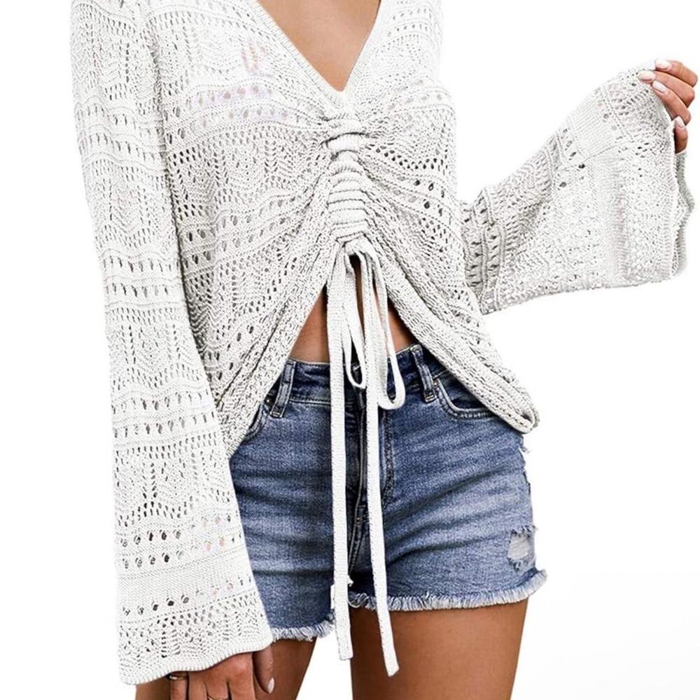 Crochet Beach Top with Flare Sleeves and Drawstring